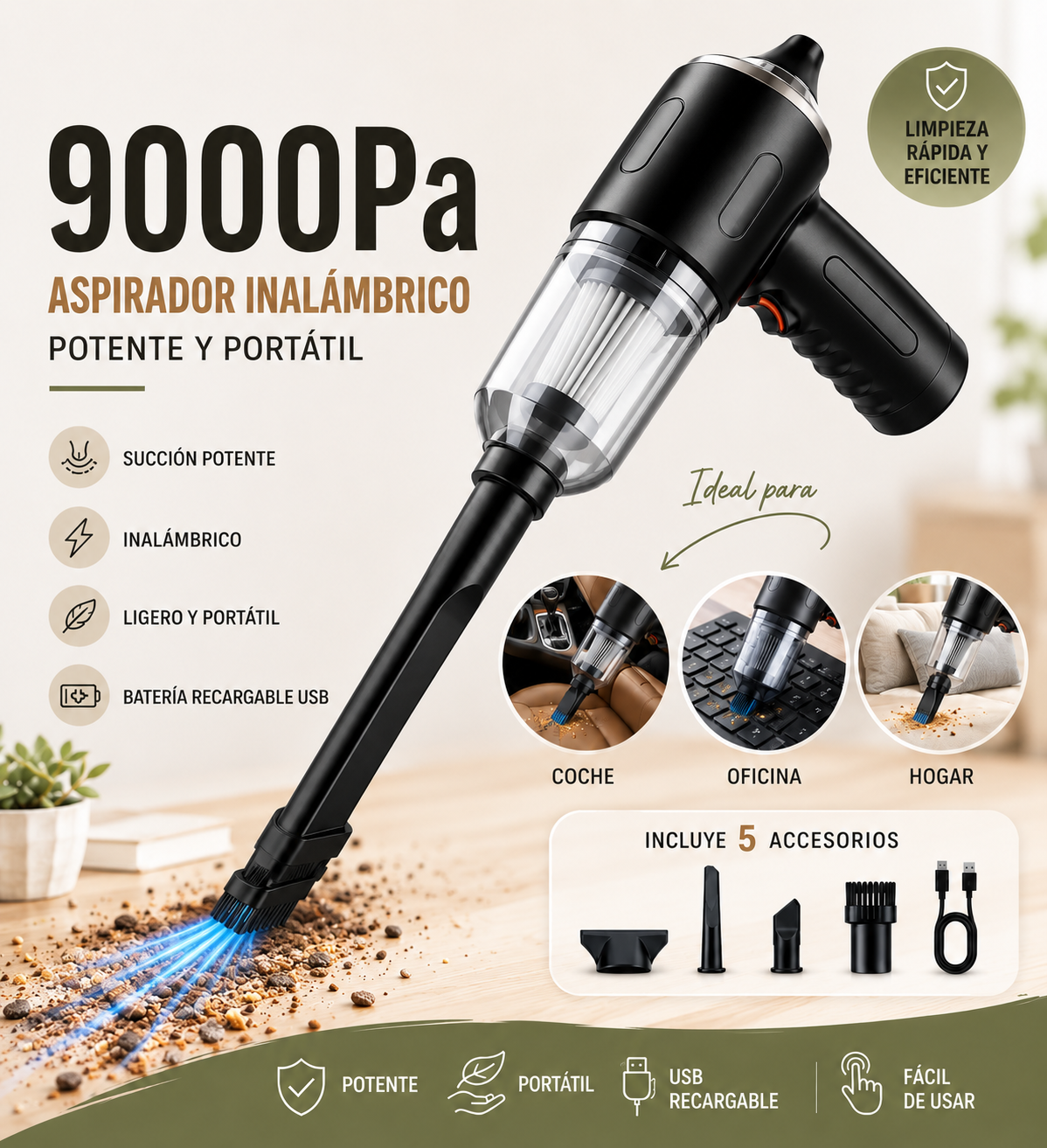 Mini Aspirador Inalámbrico Recargable para Hogar y Coche