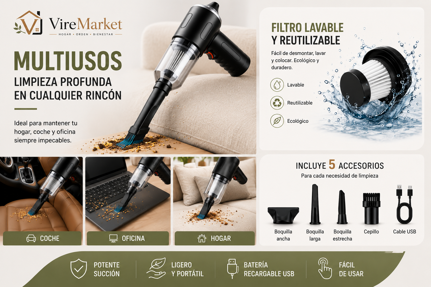 Mini Aspirador Inalámbrico Recargable para Hogar y Coche