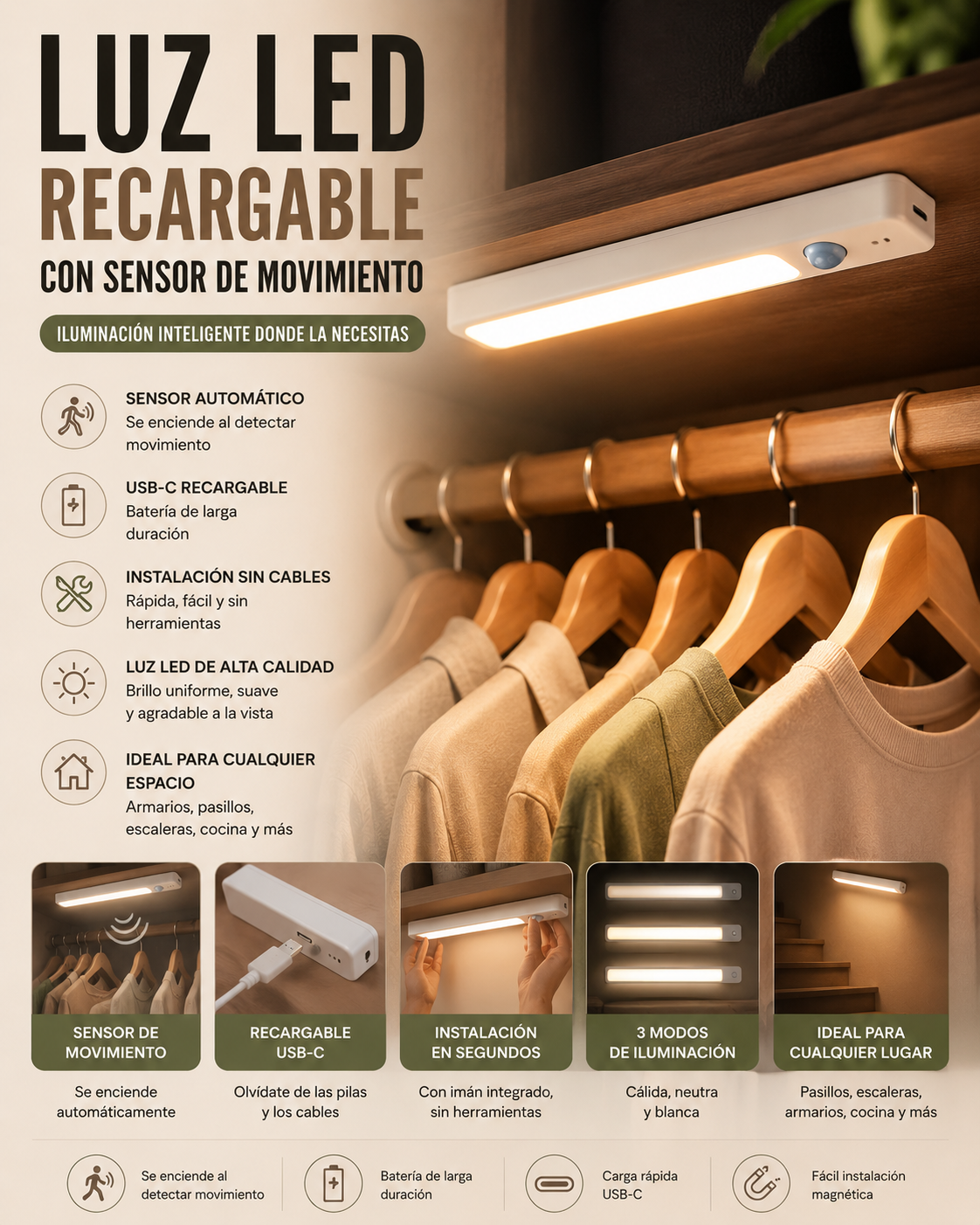 Luz LED Recargable con Sensor de Movimiento USB-C