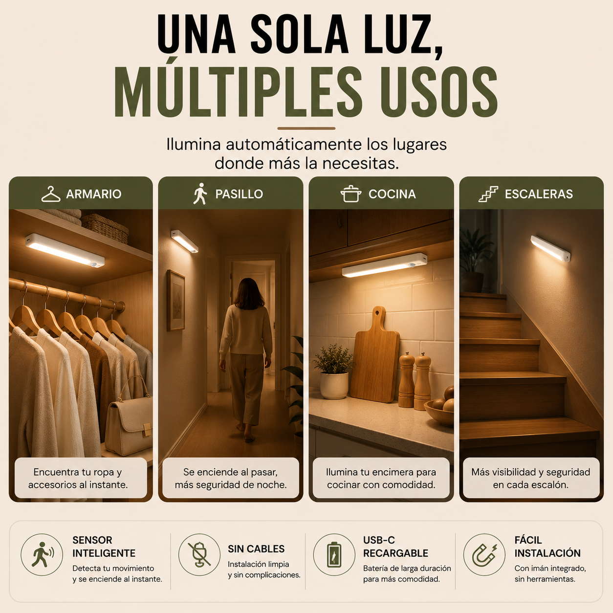 Luz LED Recargable con Sensor de Movimiento USB-C